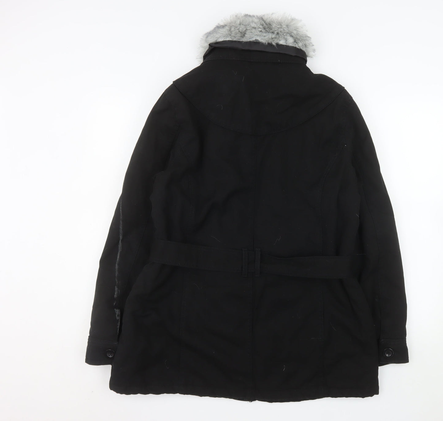 BHS Women’s Black Faux Fur Trim Hooded Belted Parka Coat Size 16