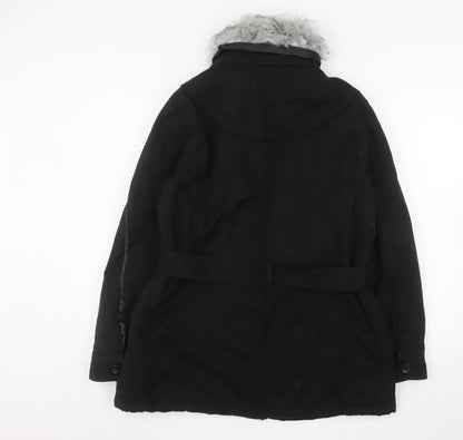 BHS Women’s Black Faux Fur Trim Hooded Belted Parka Coat Size 16