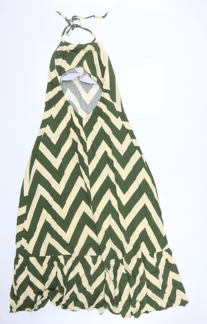 JOELI Women Green Chevron Halter Long Dress M Summer Boho Style