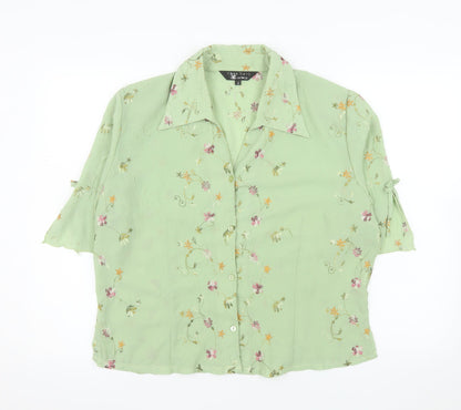 Zhao Long Women Green Floral Embroidered Short Sleeve Blouse Size 22