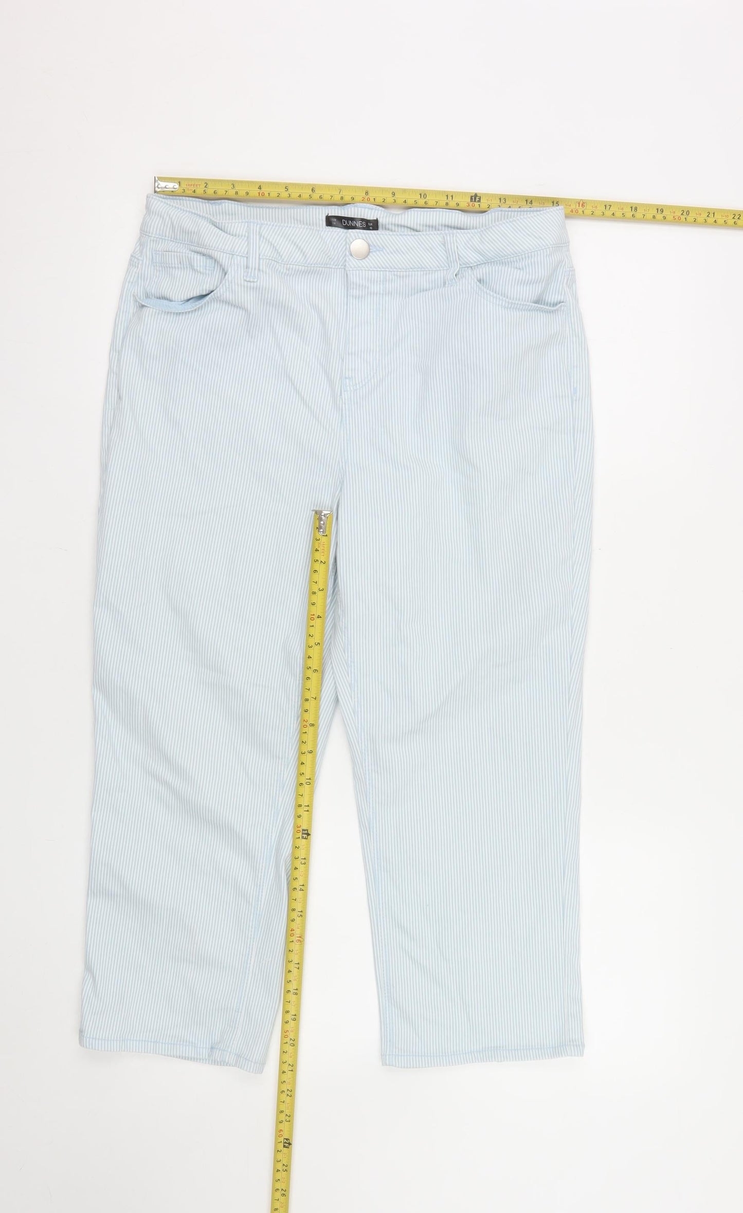 Dunnes Stores Women’s Blue Striped Capri Trousers Size 14 Stretch Cotton