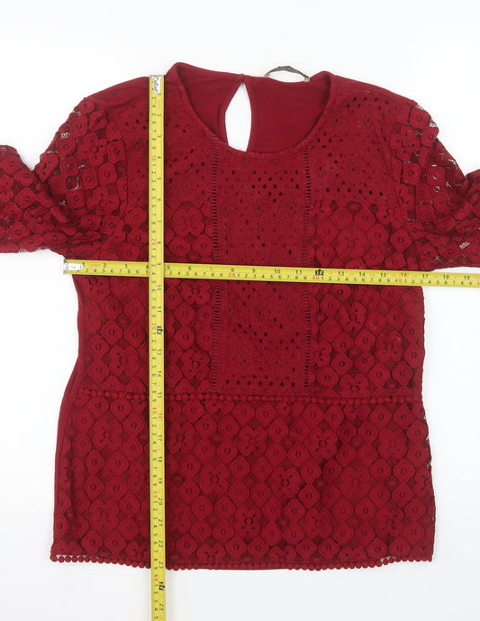 Oasis Women's Red Lace Tunic Blouse Size M 3/4 Sleeve Round Neck