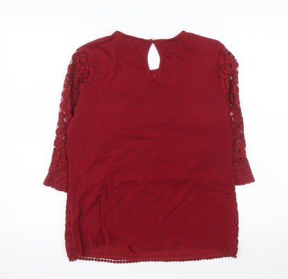 Oasis Women's Red Lace Tunic Blouse Size M 3/4 Sleeve Round Neck
