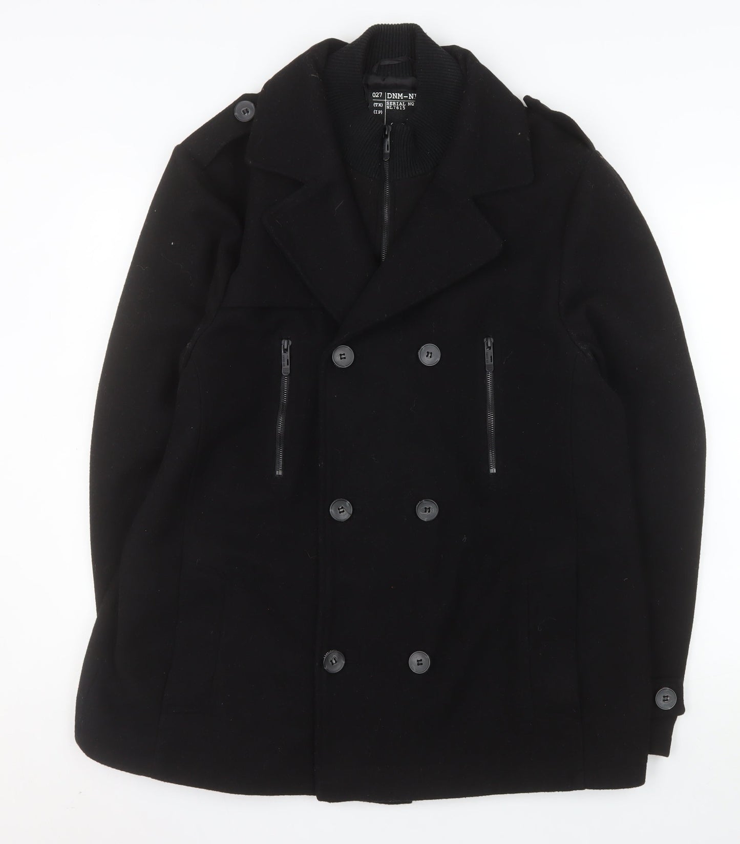 New Look Men Black Wool Blend Pea Coat XL Double-Breasted Jacket