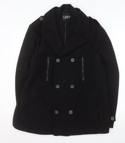 New Look Men Black Wool Blend Pea Coat XL Double-Breasted Jacket