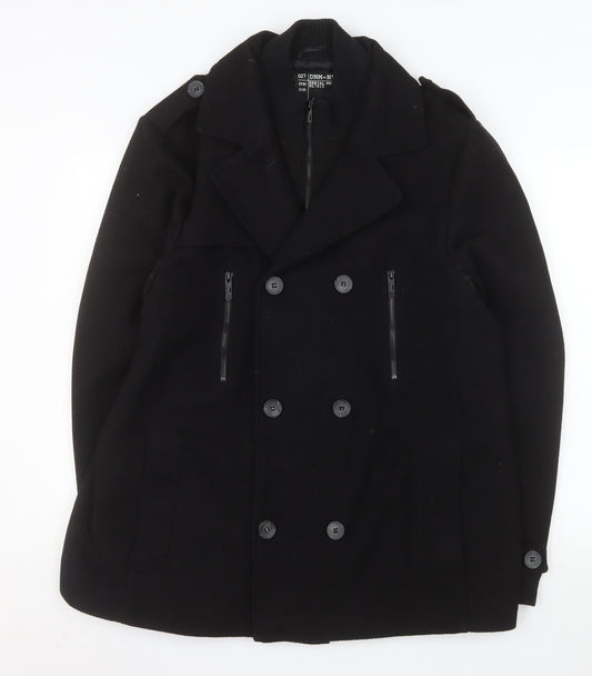 New Look Men Black Wool Blend Pea Coat XL Double-Breasted Jacket