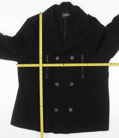New Look Men Black Wool Blend Pea Coat XL Double-Breasted Jacket