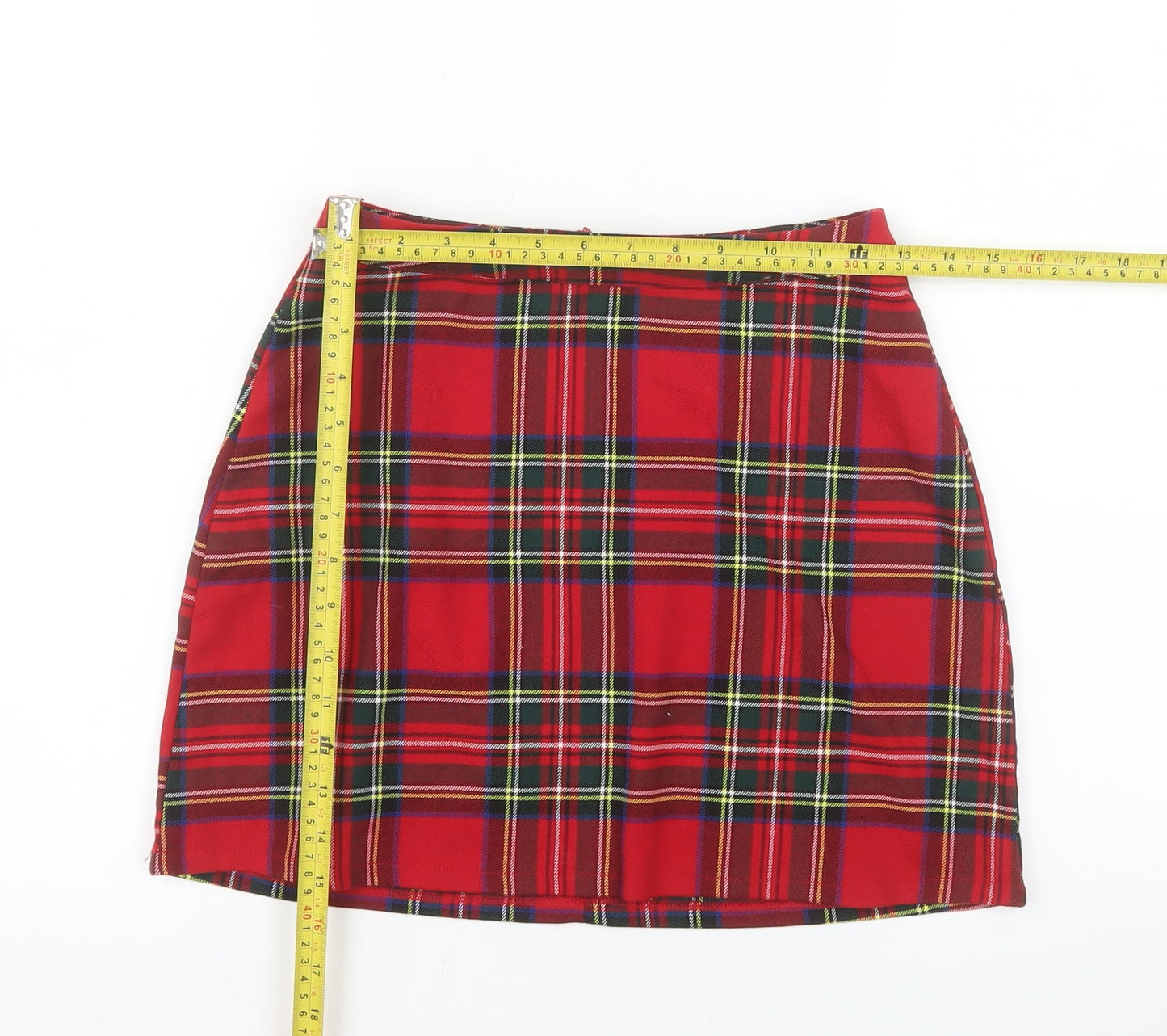 Primark Women Red Plaid Mini Pencil Skirt Size 8 Retro Style
