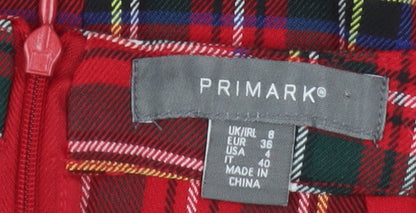 Primark Women Red Plaid Mini Pencil Skirt Size 8 Retro Style