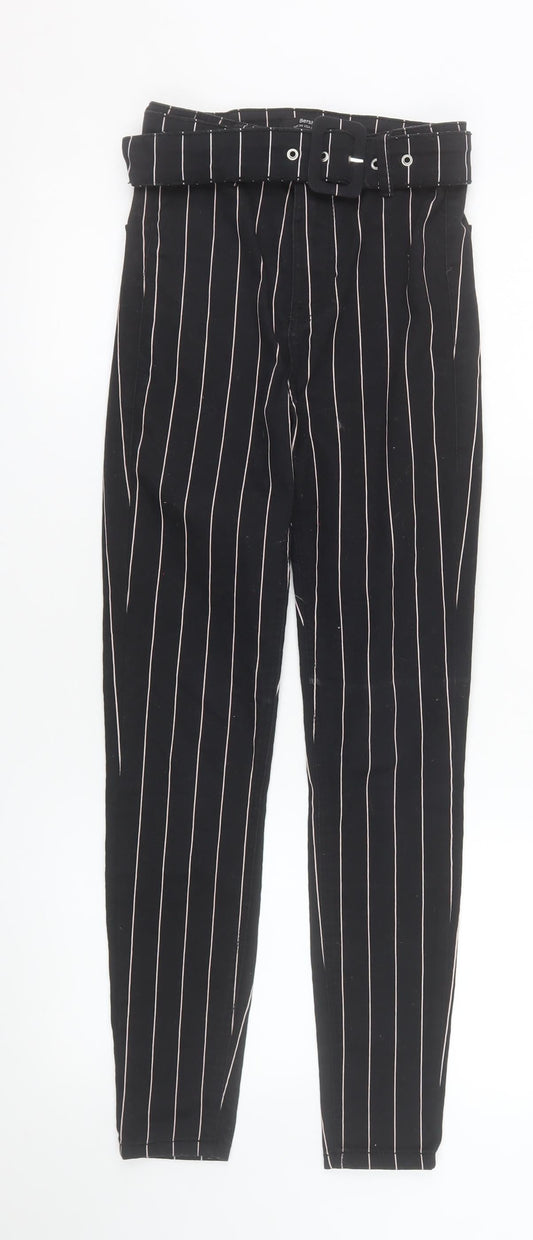 Bershka Women Black Striped High Rise Paperbag Tapered Trousers Size 6