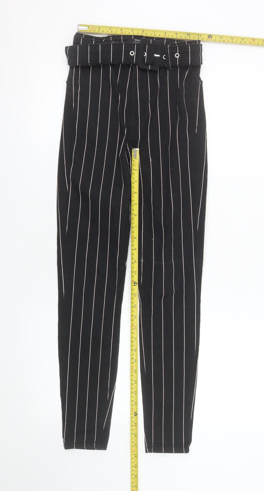 Bershka Women Black Striped High Rise Paperbag Tapered Trousers Size 6