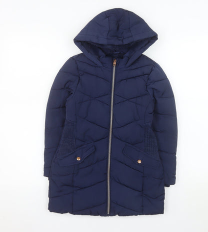 George Girls Blue Hooded Mid-Length Puffer Coat 7-8 Years Quilted Winter Jacket
