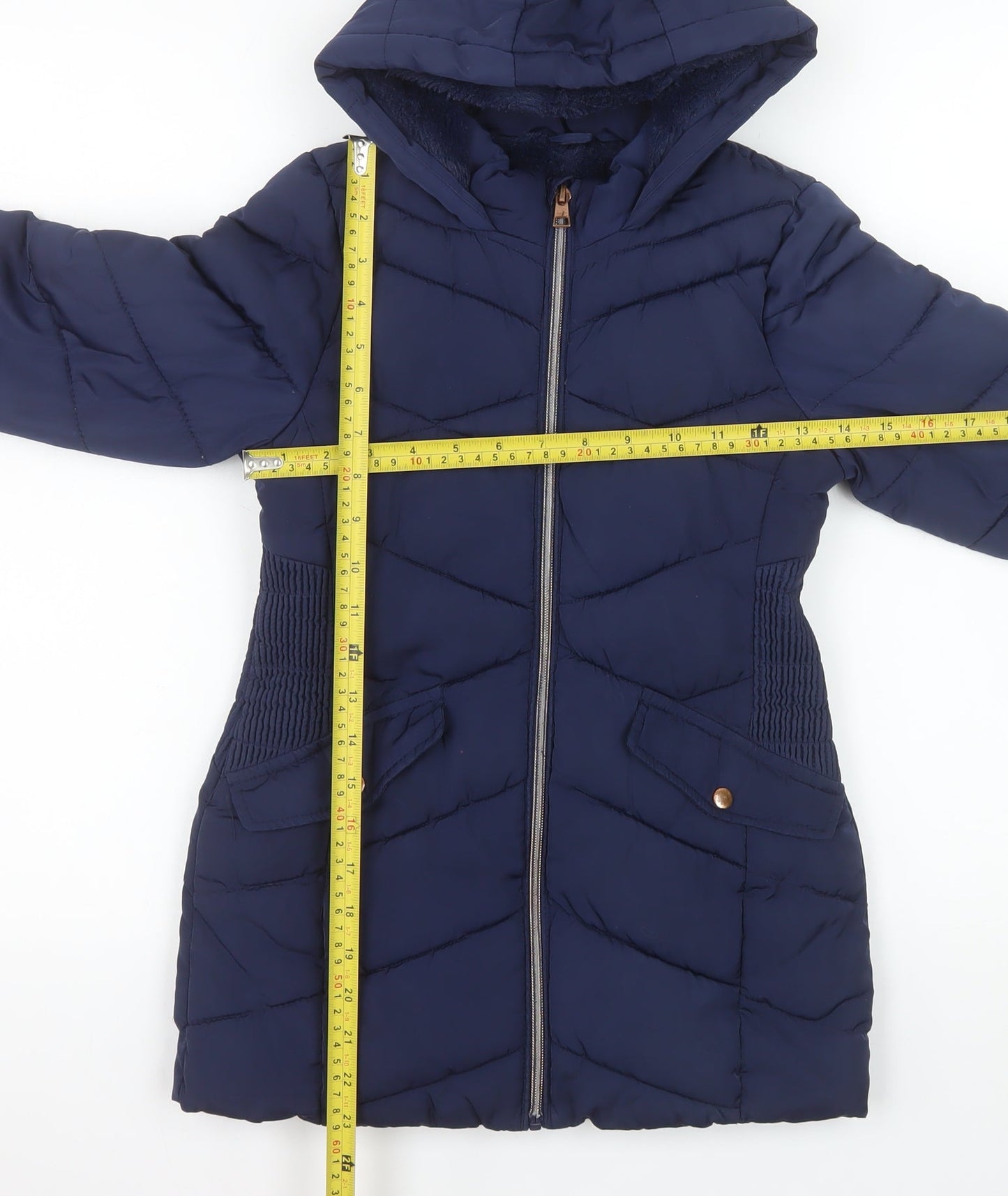 George Girls Blue Hooded Mid-Length Puffer Coat 7-8 Years Quilted Winter Jacket