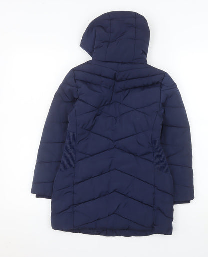 George Girls Blue Hooded Mid-Length Puffer Coat 7-8 Years Quilted Winter Jacket