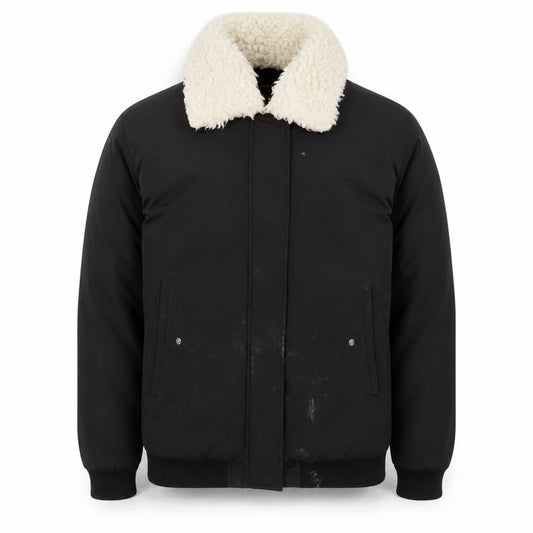 Front view of French Connection Men's Black Bomber Jacket, size S, Lined Winter Coat