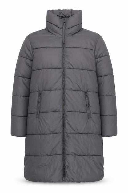 b.young Women Grey Long Puffer Coat Size 16 Full Zip Insulated Jacket