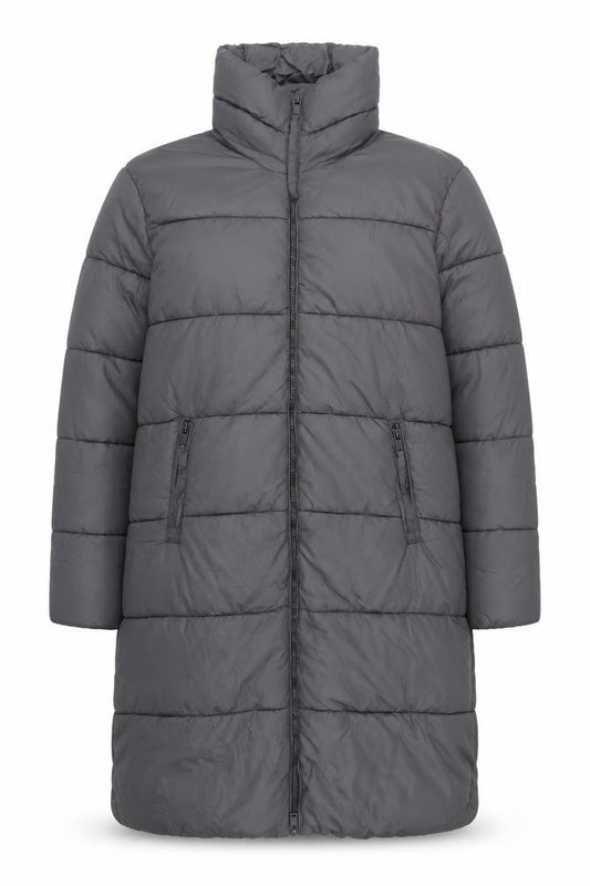 b.young Women Grey Long Puffer Coat Size 16 Full Zip Insulated Jacket