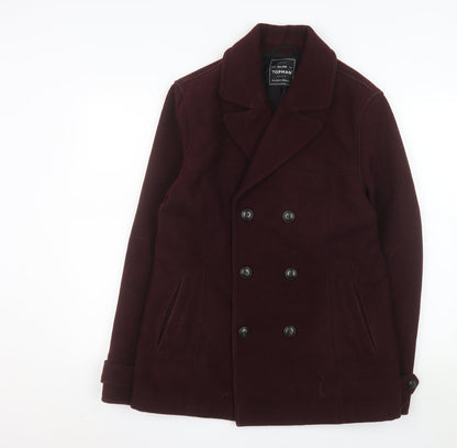Topman Men's Red Wool-Blend Pea Coat Size L Classic Double-Breasted Jacket