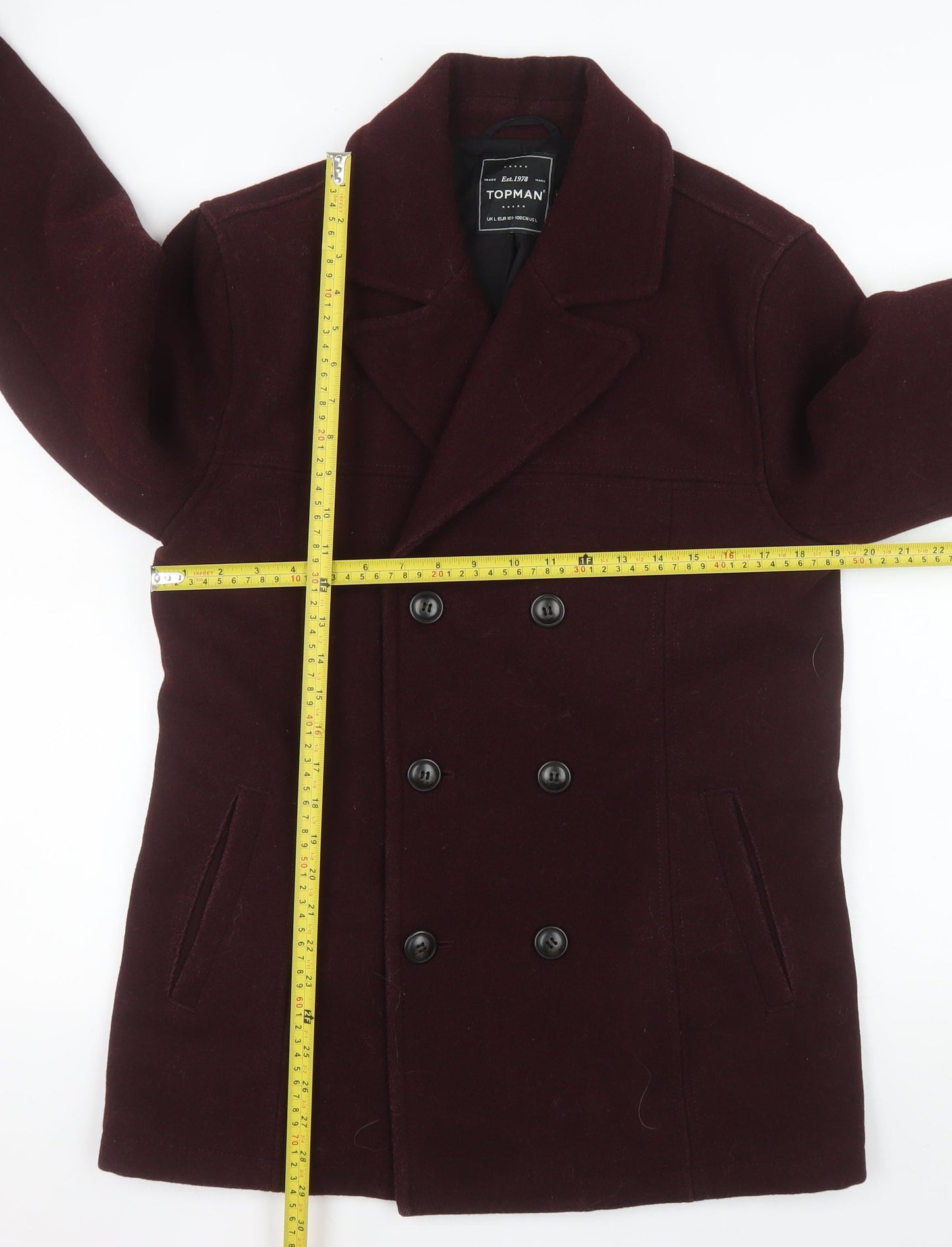 Topman Men's Red Wool-Blend Pea Coat Size L Classic Double-Breasted Jacket