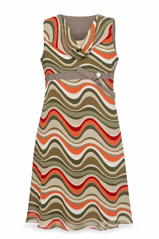 Bellenisa Women’s Beige Orange Retro Knee Length Fit & Flare Dress XL