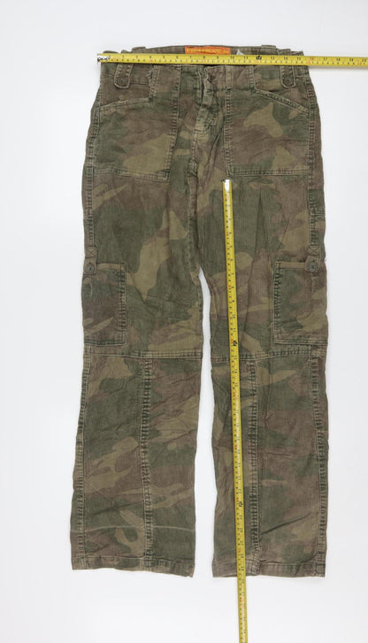 Fishbone Womens Green Camouflage Corduroy Cargo Trousers Size 27