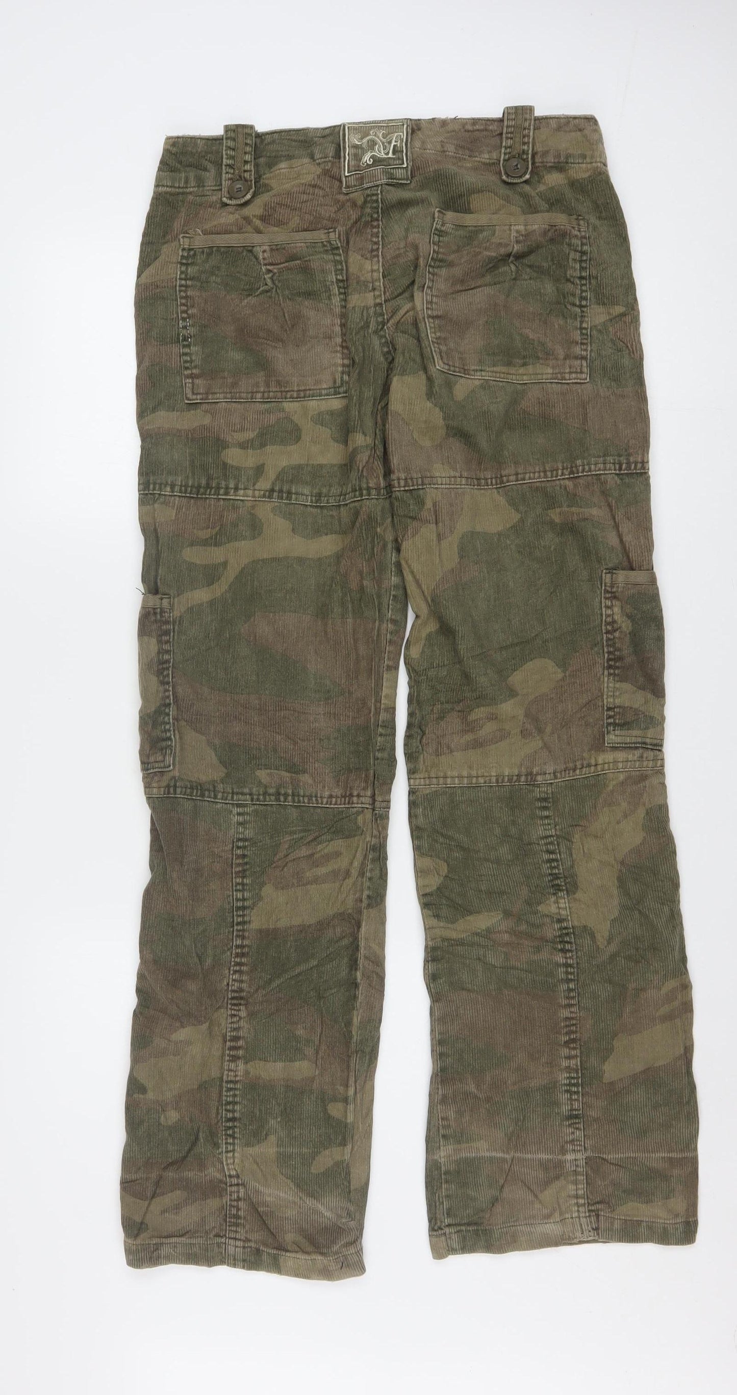 Fishbone Womens Green Camouflage Corduroy Cargo Trousers Size 27