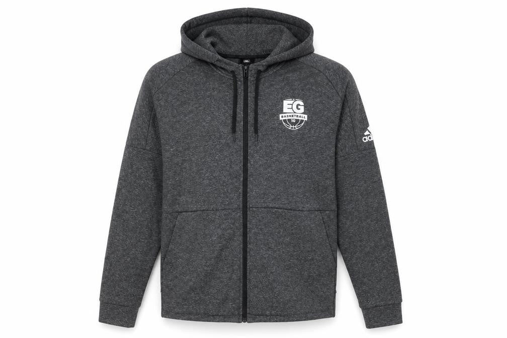Front view of Adidas Men's Grey Full Zip Hoodie, size L, Sports Basketball EG Logo