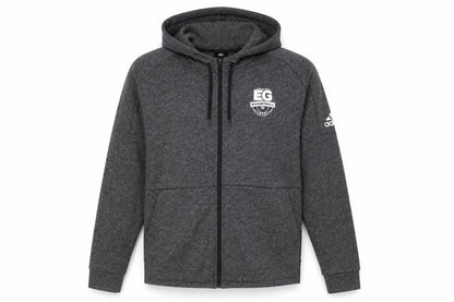 Front view of Adidas Men's Grey Full Zip Hoodie, size L, Sports Basketball EG Logo