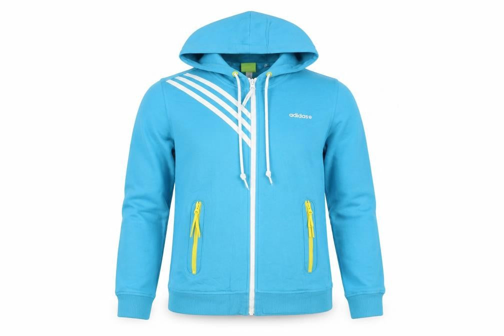 Front view of Adidas Neo women’s blue full zip hoodie, size UK 12, cotton blend