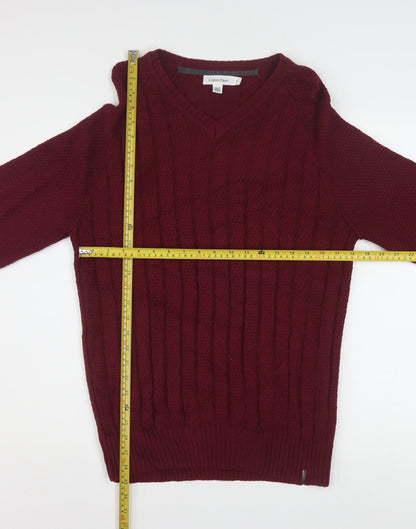 Calvin Klein Men’s Red V-Neck Cable Knit Cotton Jumper M