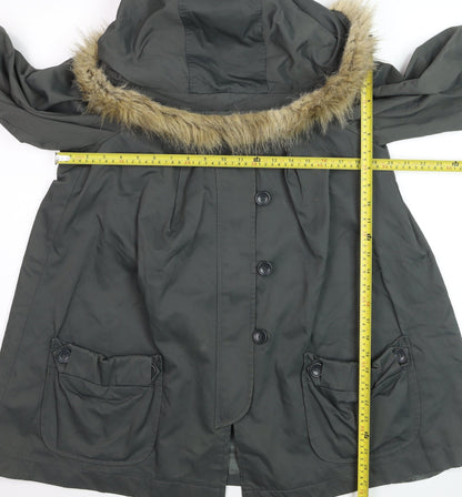French Connection Women’s Green Fur Trim Hooded Parka Coat Size 10