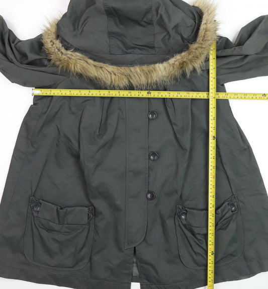 French Connection Women’s Green Fur Trim Hooded Parka Coat Size 10