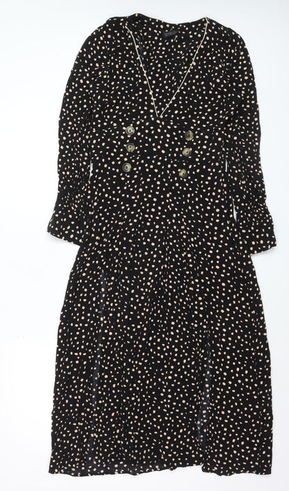 Topshop Women's Black Polka Dot Midi Fit & Flare Dress Size 8