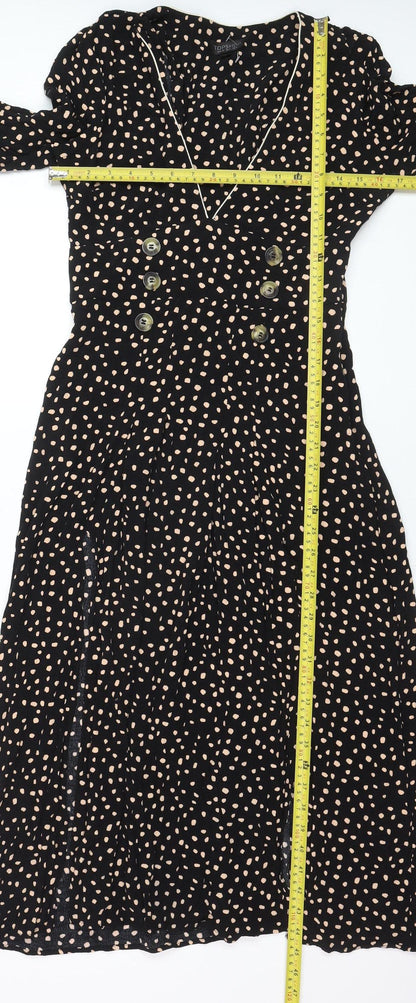 Topshop Women's Black Polka Dot Midi Fit & Flare Dress Size 8