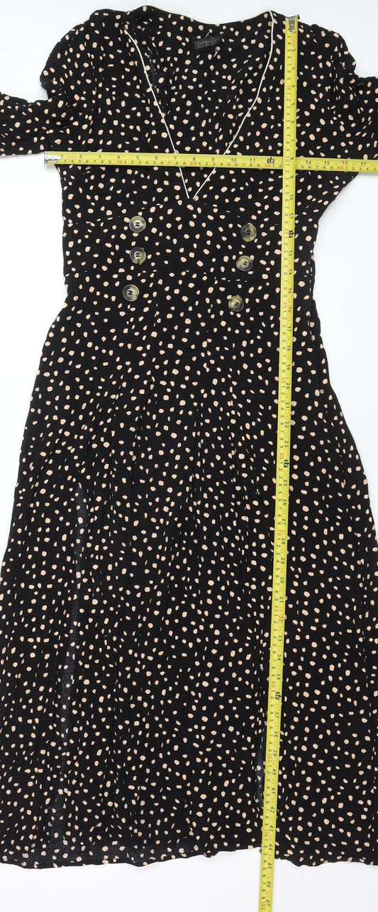 Topshop Women's Black Polka Dot Midi Fit & Flare Dress Size 8