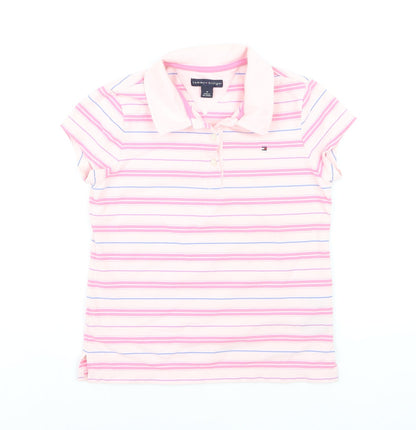 Tommy Hilfiger Girls Pink Striped Polo Shirt Cotton Blend Size M