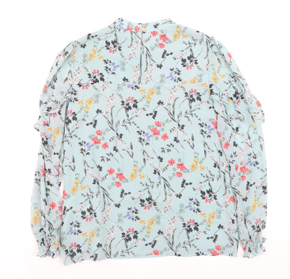 Oasis Womens Blue Floral Long Sleeve Blouse UK 8 Polyester Ruffle Detail
