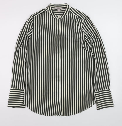 Oasis Women Black Striped Button-Up Long Sleeve Shirt Size 8
