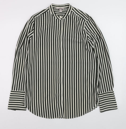 Oasis Women Black Striped Button-Up Long Sleeve Shirt Size 8
