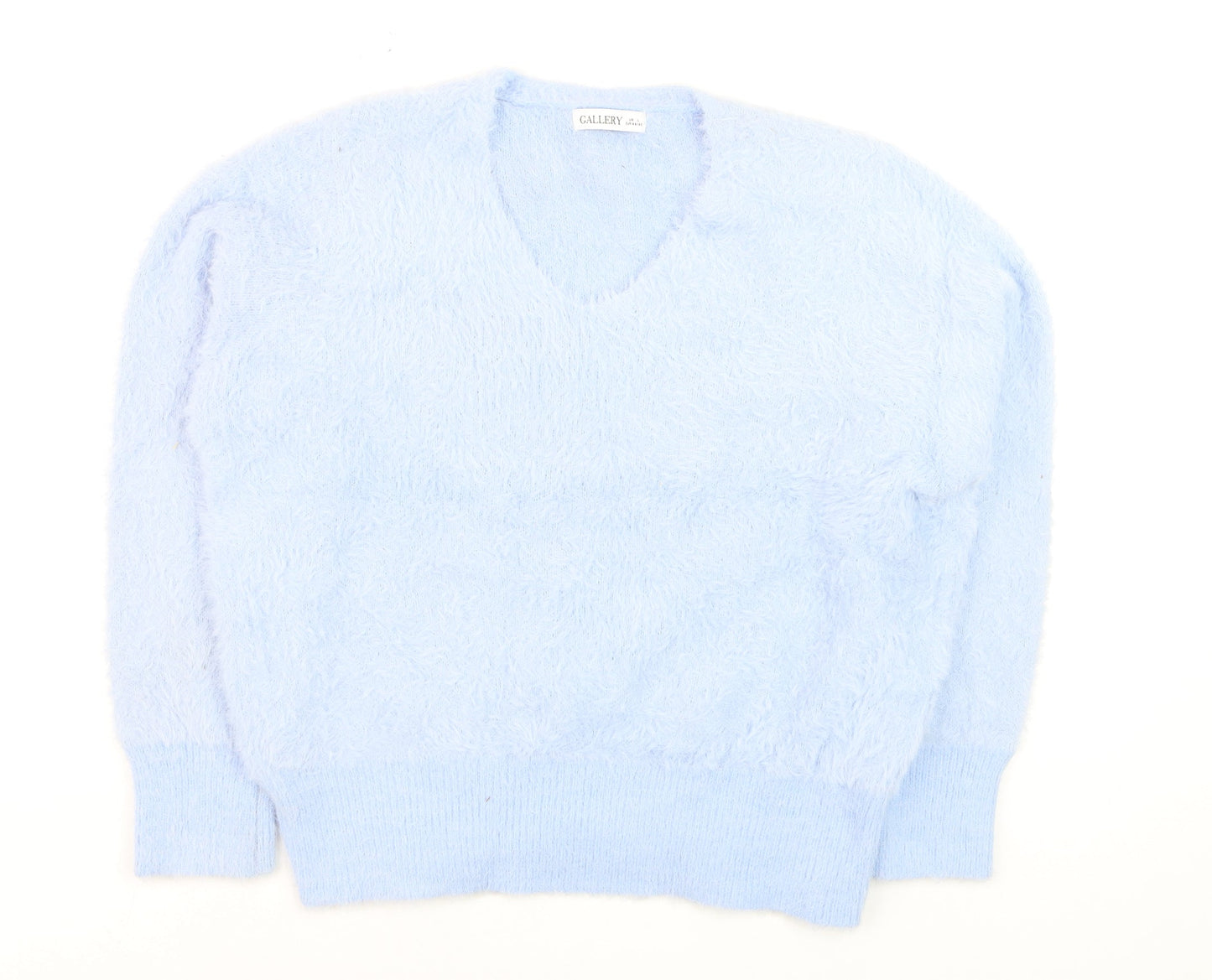 Gallery Women Blue Fuzzy Knit V-Neck Pullover Jumper Size L