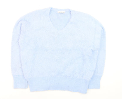 Gallery Women Blue Fuzzy Knit V-Neck Pullover Jumper Size L