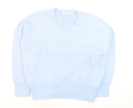 Gallery Women Blue Fuzzy Knit V-Neck Pullover Jumper Size L