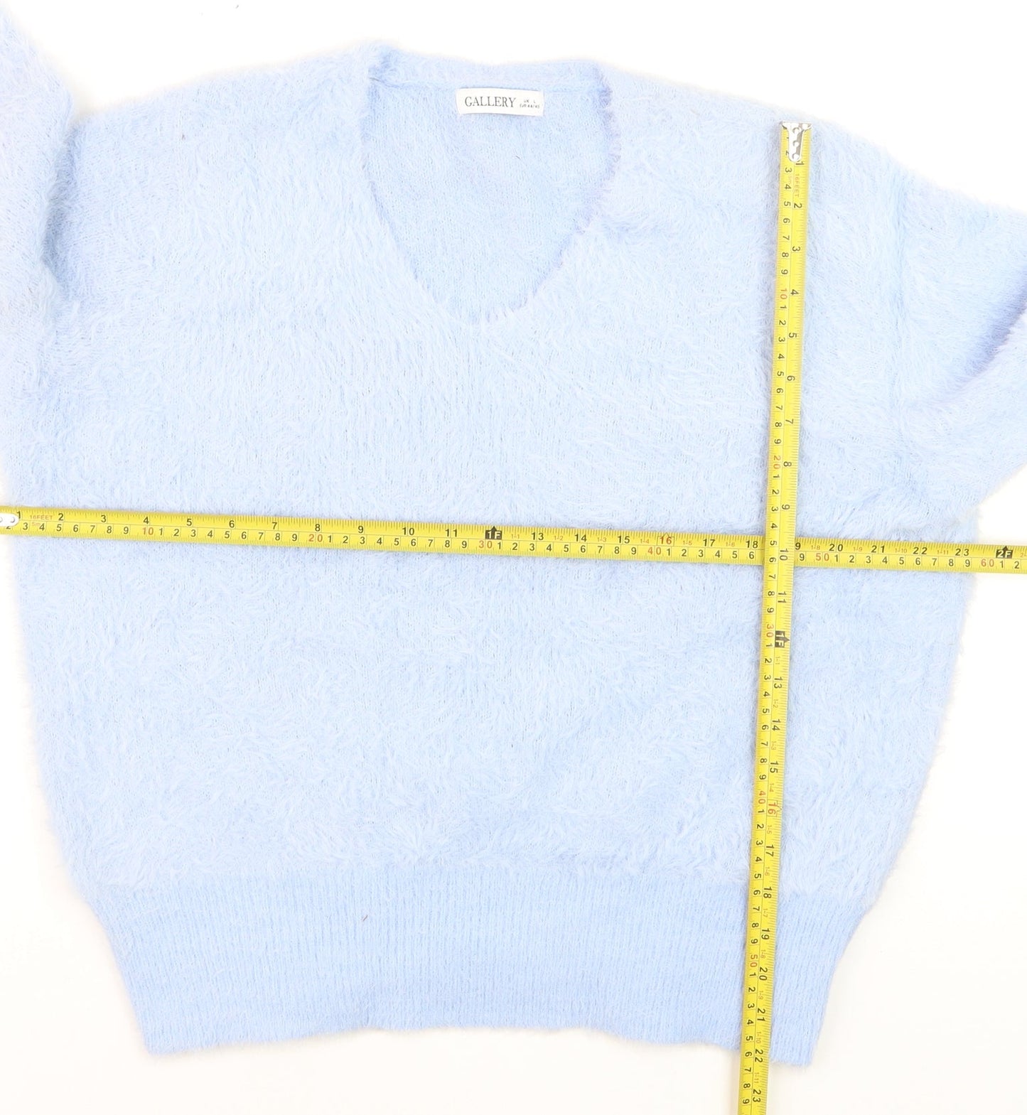 Gallery Women Blue Fuzzy Knit V-Neck Pullover Jumper Size L