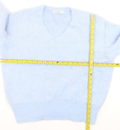 Gallery Women Blue Fuzzy Knit V-Neck Pullover Jumper Size L