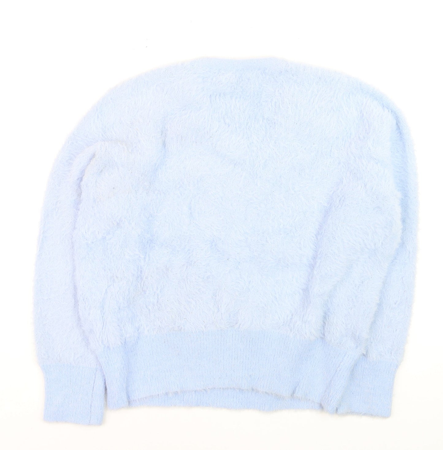 Gallery Women Blue Fuzzy Knit V-Neck Pullover Jumper Size L