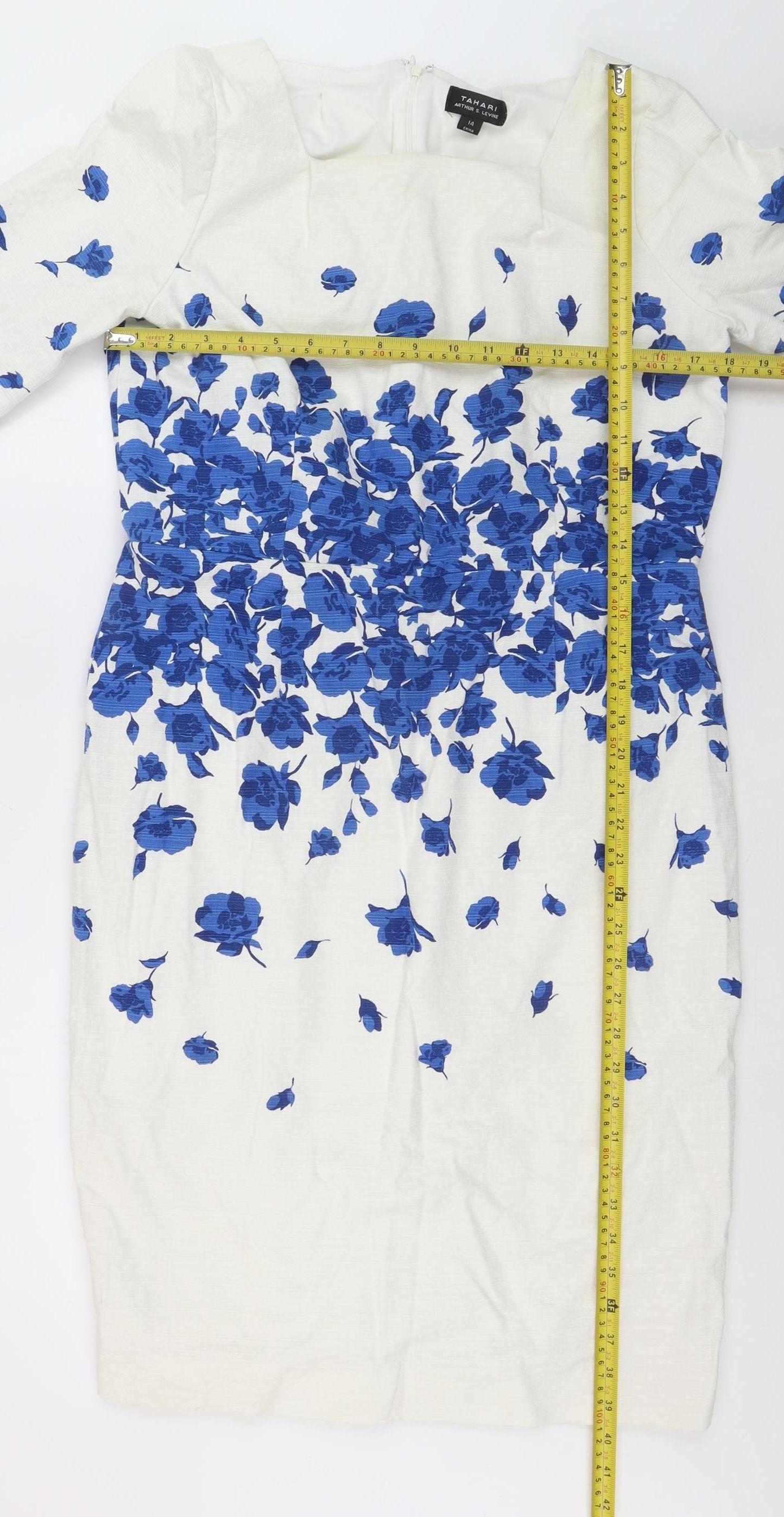 Tahari Arthur S. Levine Women White Blue Floral Sheath Dress Size 14