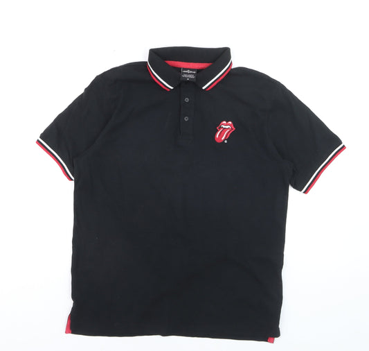 The Rolling Stones Men's Black Polo Shirt Size M Embroidered Band Logo