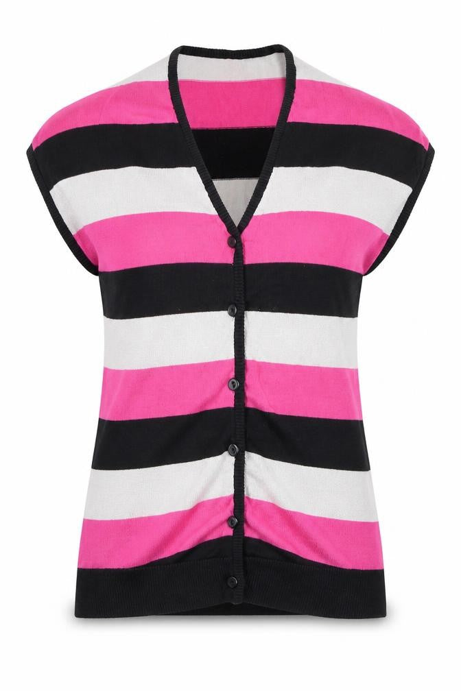Front view of Dunnes women’s multicoloured striped knit v-neck cardigan, size UK 8