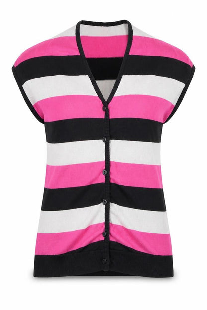 Front view of Dunnes women’s multicoloured striped knit v-neck cardigan, size UK 8