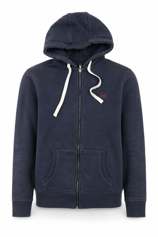 Front view of Crew Clothing Men's Blue Full Zip Hoodie, size S
